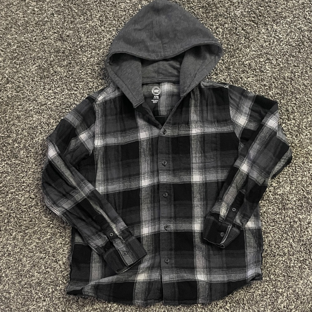 Wonder Nation Black and Gray Plaid Hooded Shirt (XL-14/16)